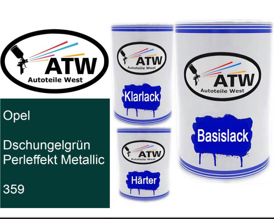 Opel, Dschungelgrün Perleffekt Metallic, 359: 500ml Lackdose + 500ml Klarlack + 250ml Härter - Set, von ATW Autoteile West.